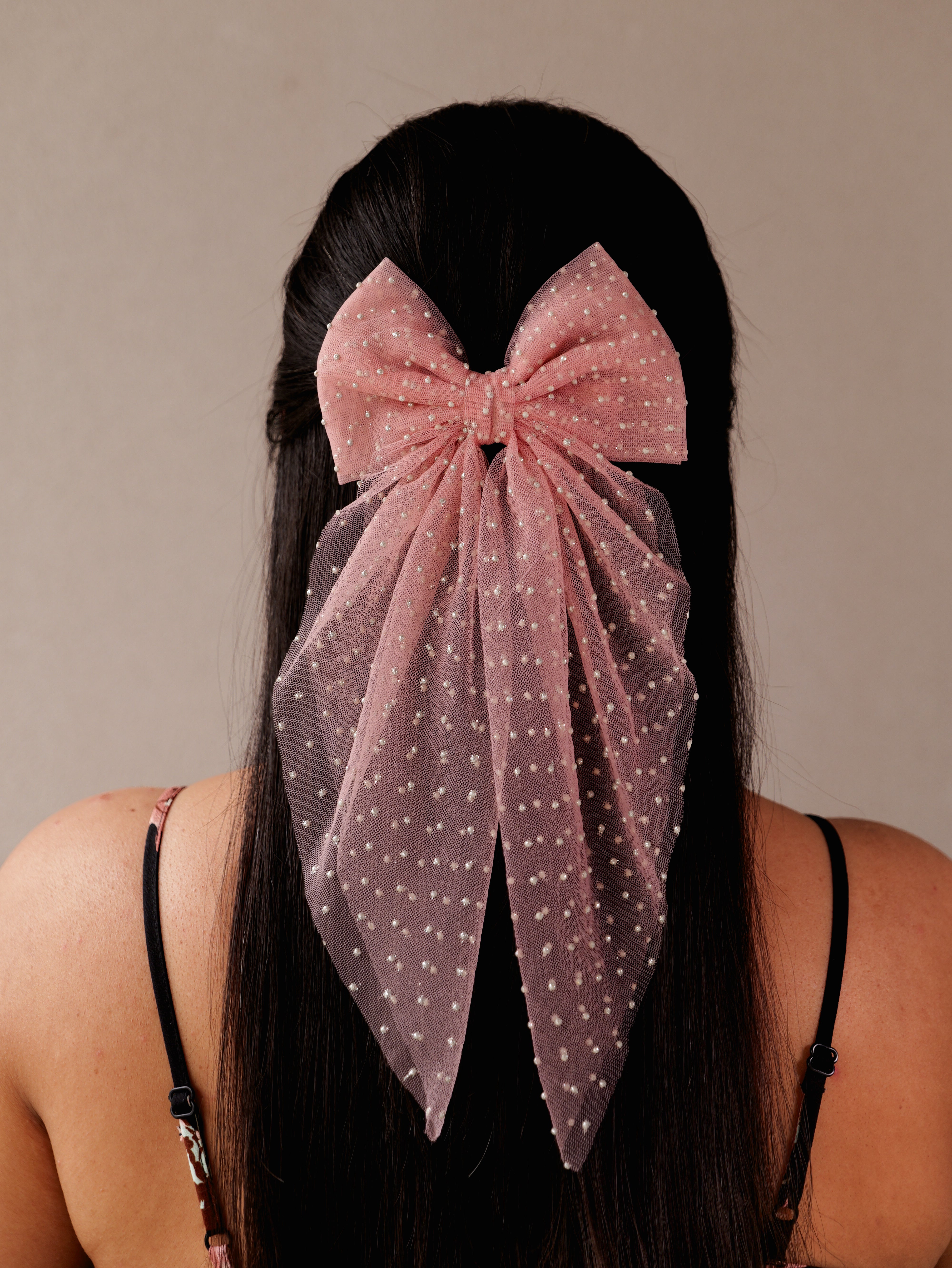 Blush Polka Net Hair Bow | Sheer Mesh Bow Clip with Dotted Detail | Stylish Hair Accessory for Girls & Women