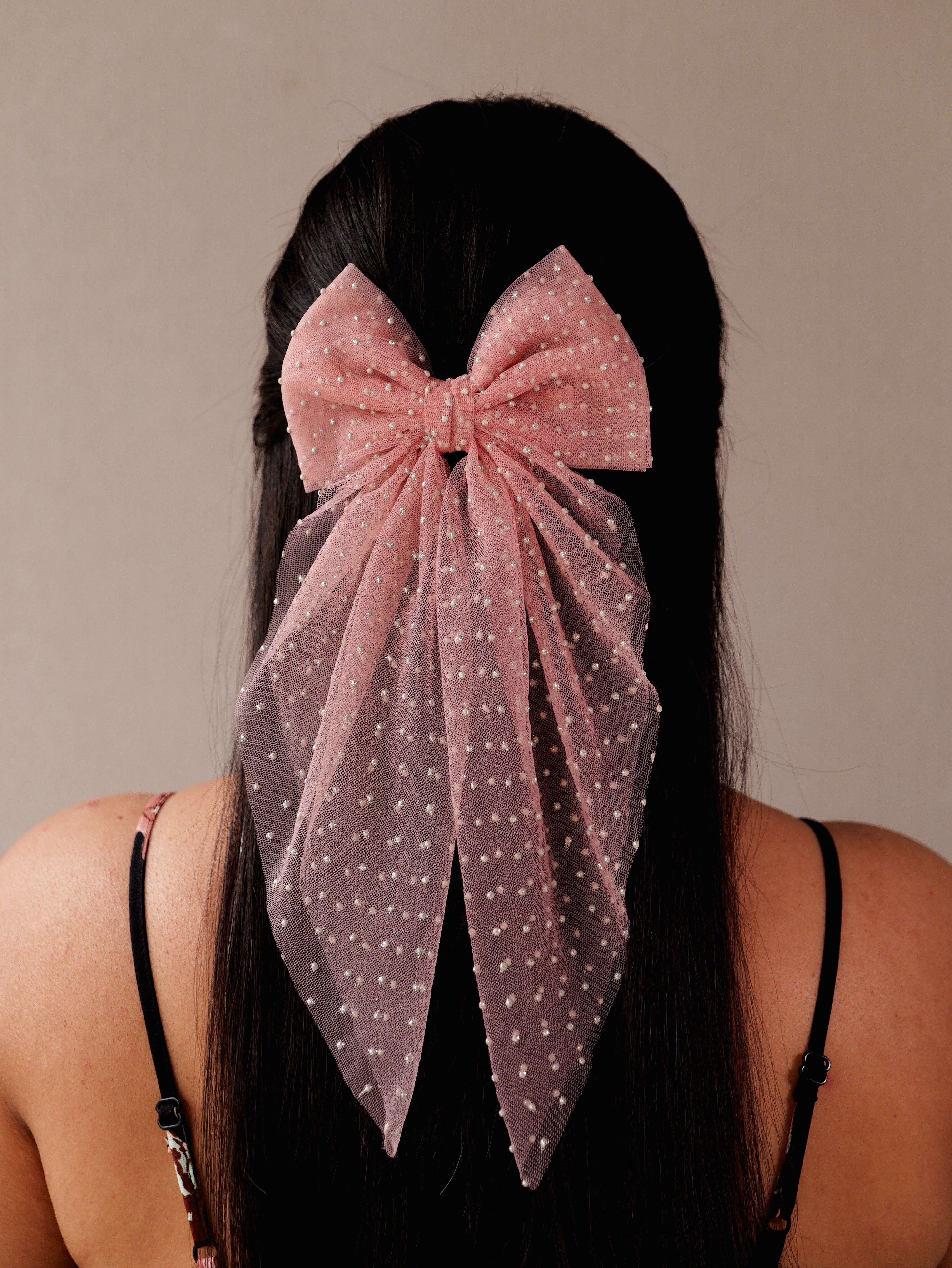 Blush Polka Net Hair Bow | Sheer Mesh Bow Clip with Dotted Detail | Stylish Hair Accessory for Girls & Women