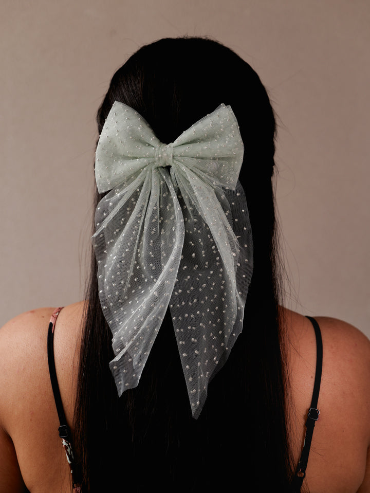 Blush Polka Net Hair Bow | Sheer Mesh Bow Clip with Dotted Detail | Stylish Hair Accessory for Girls & Women