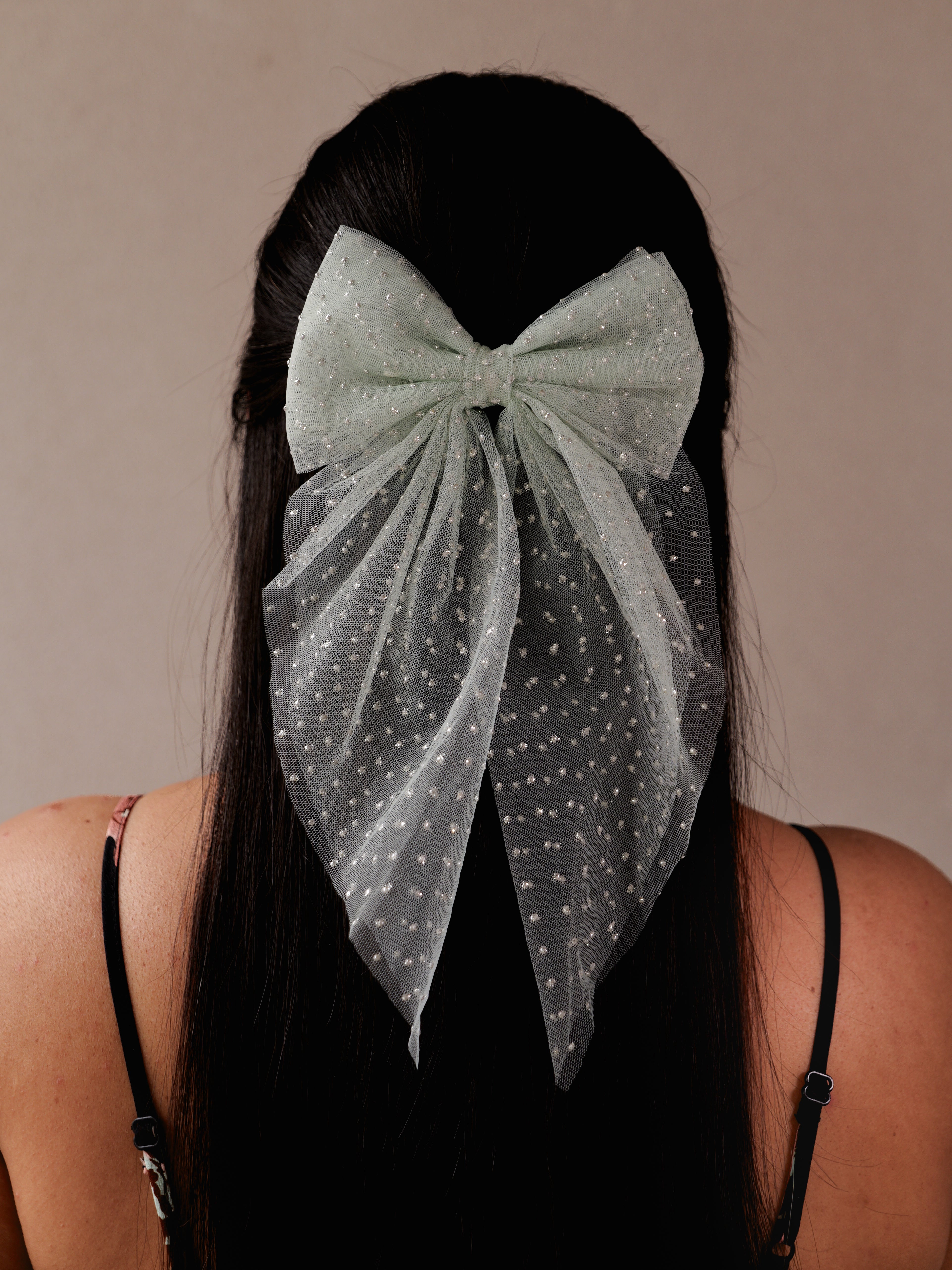 Blush Polka Net Hair Bow | Sheer Mesh Bow Clip with Dotted Detail | Stylish Hair Accessory for Girls & Women