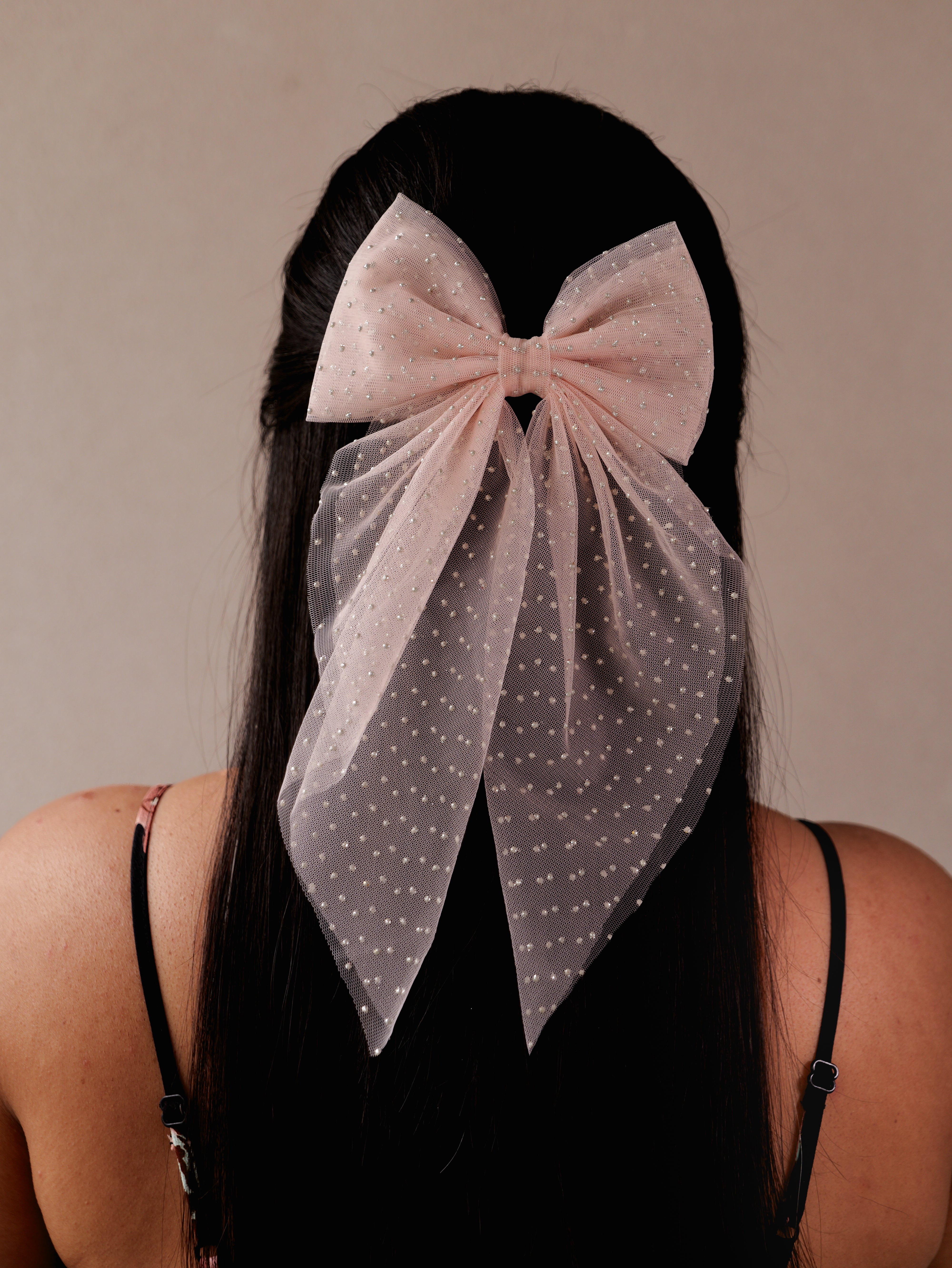 Blush Polka Net Hair Bow | Sheer Mesh Bow Clip with Dotted Detail | Stylish Hair Accessory for Girls & Women