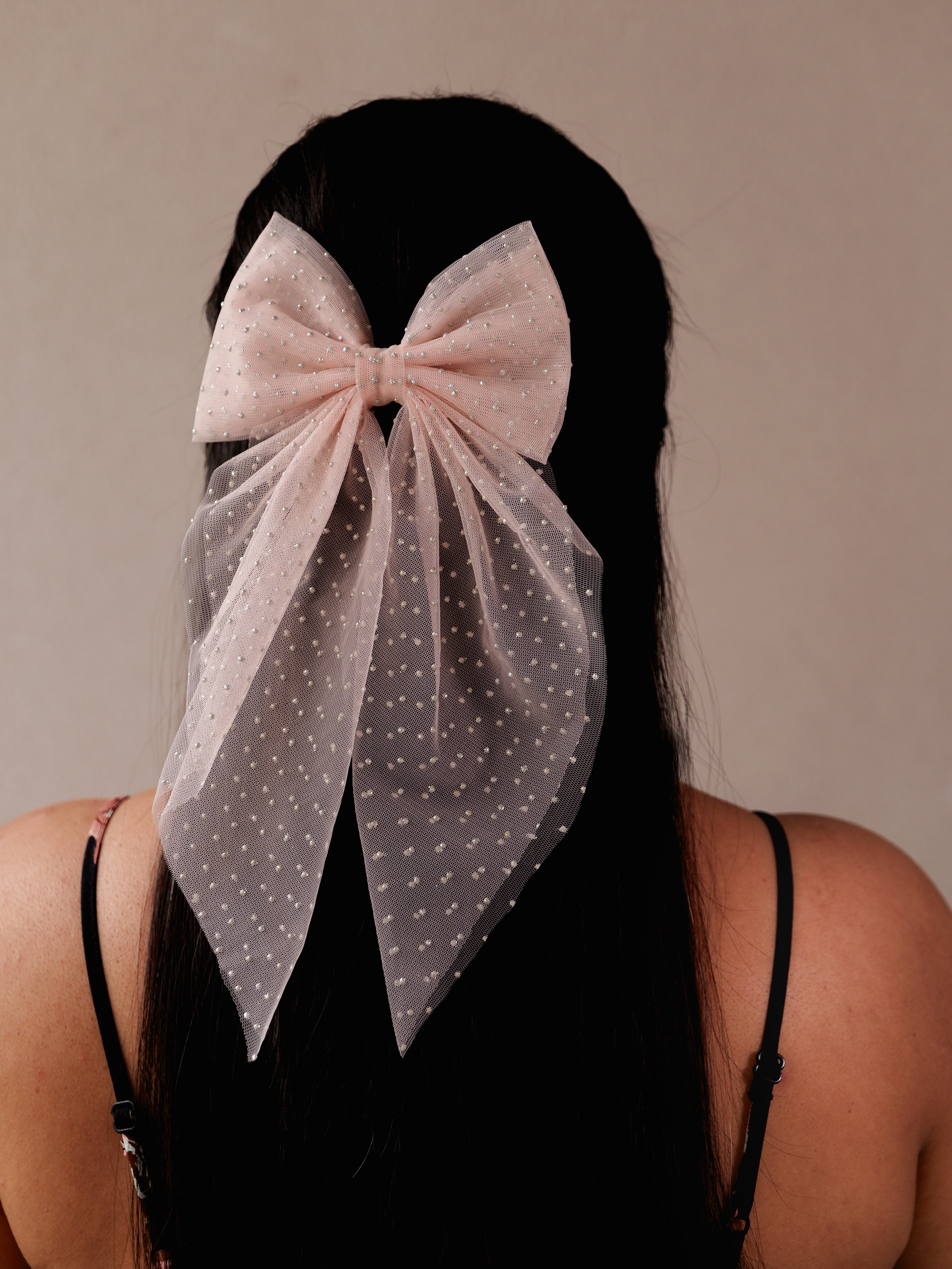 Blush Polka Net Hair Bow | Sheer Mesh Bow Clip with Dotted Detail | Stylish Hair Accessory for Girls & Women