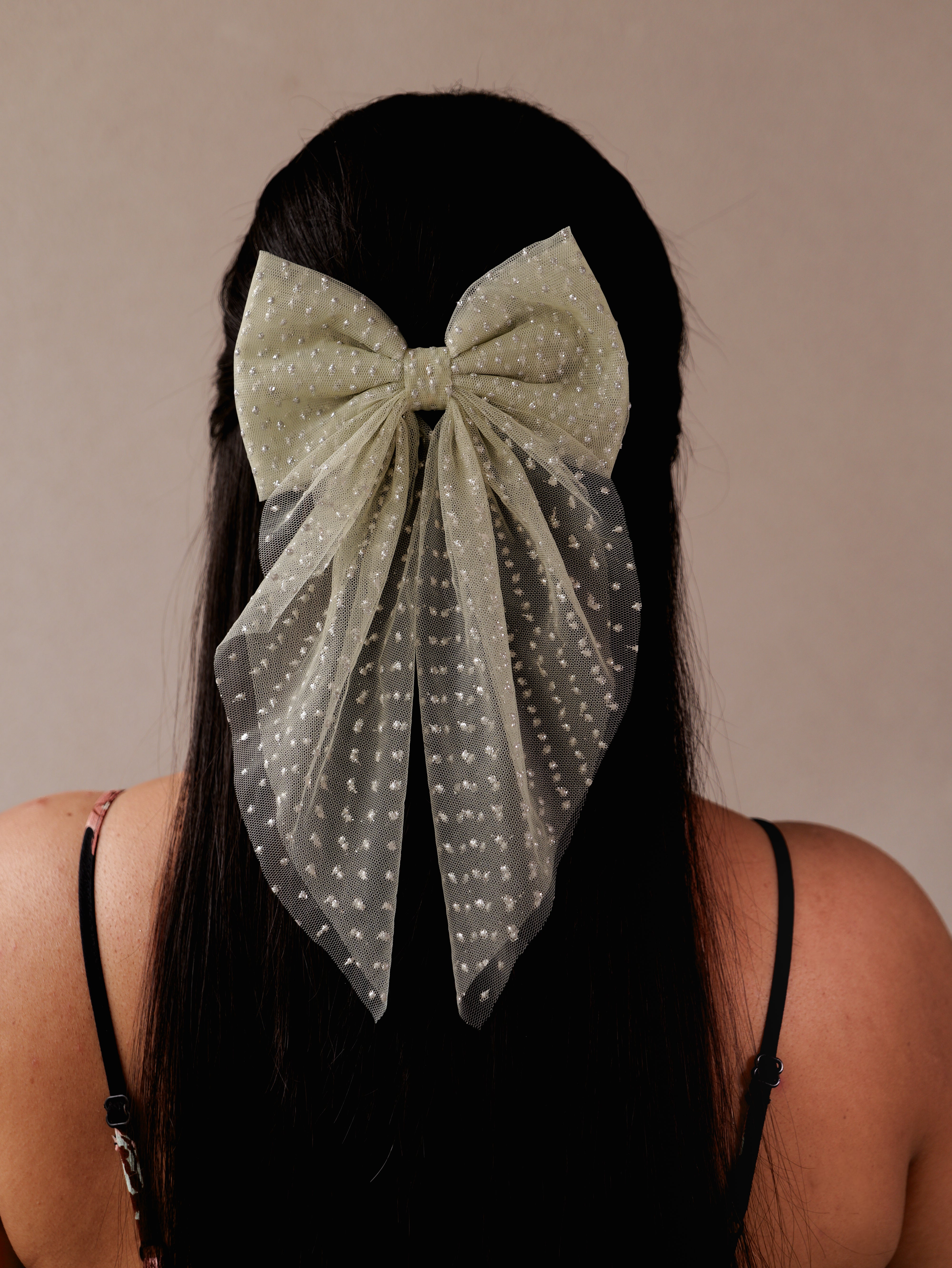 Blush Polka Net Hair Bow | Sheer Mesh Bow Clip with Dotted Detail | Stylish Hair Accessory for Girls & Women