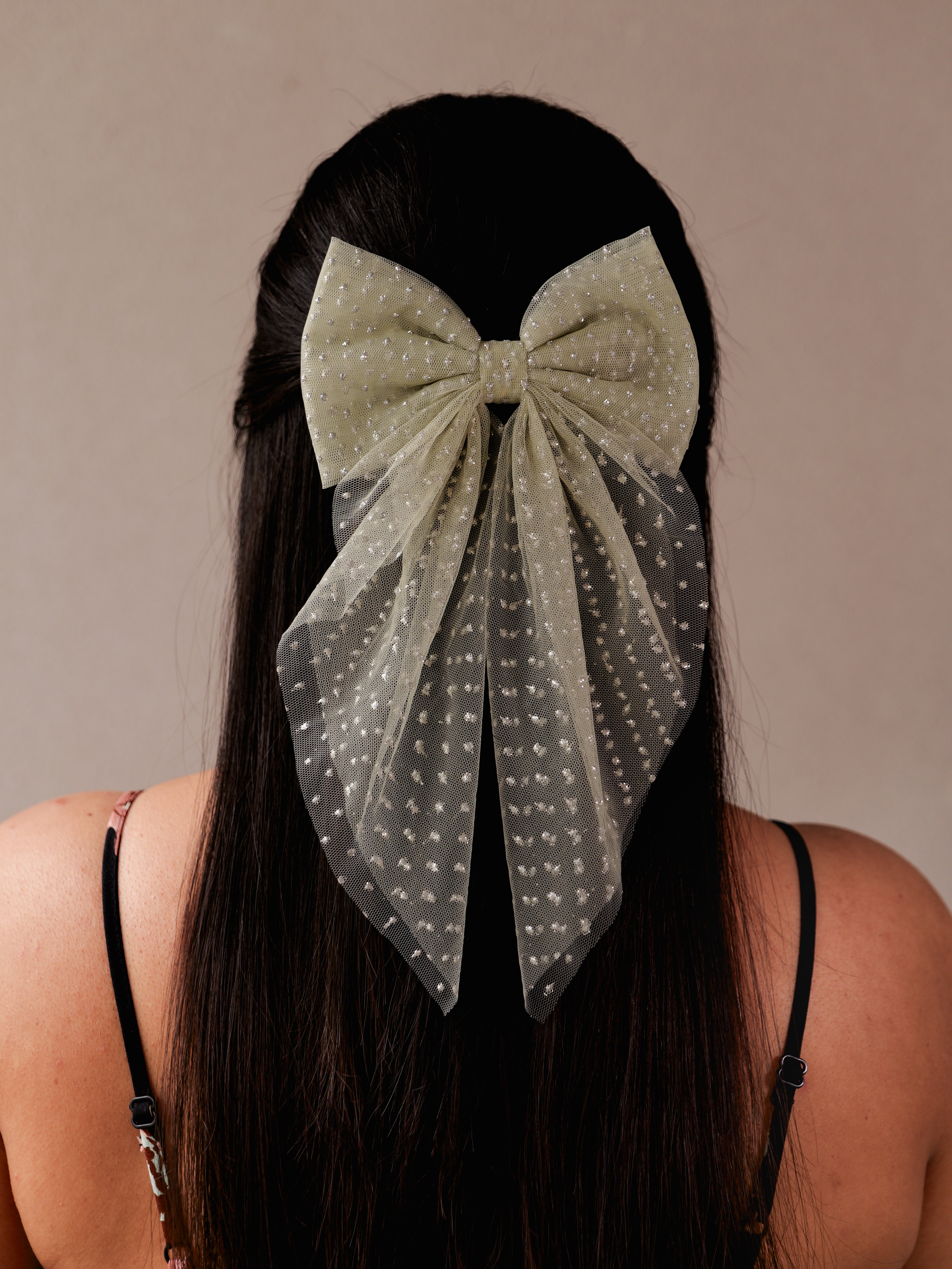 Blush Polka Net Hair Bow | Sheer Mesh Bow Clip with Dotted Detail | Stylish Hair Accessory for Girls & Women