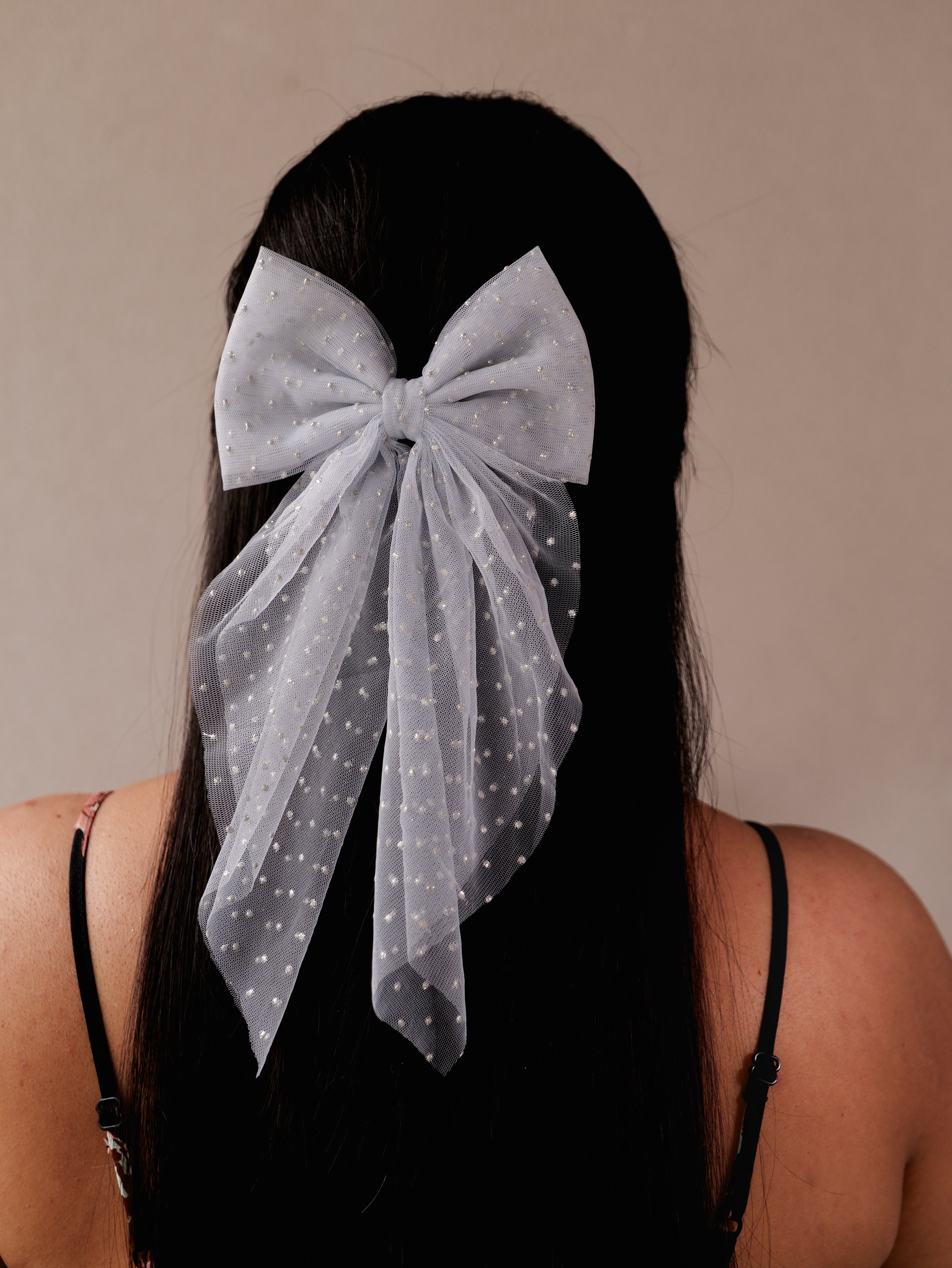 Blush Polka Net Hair Bow | Sheer Mesh Bow Clip with Dotted Detail | Stylish Hair Accessory for Girls & Women