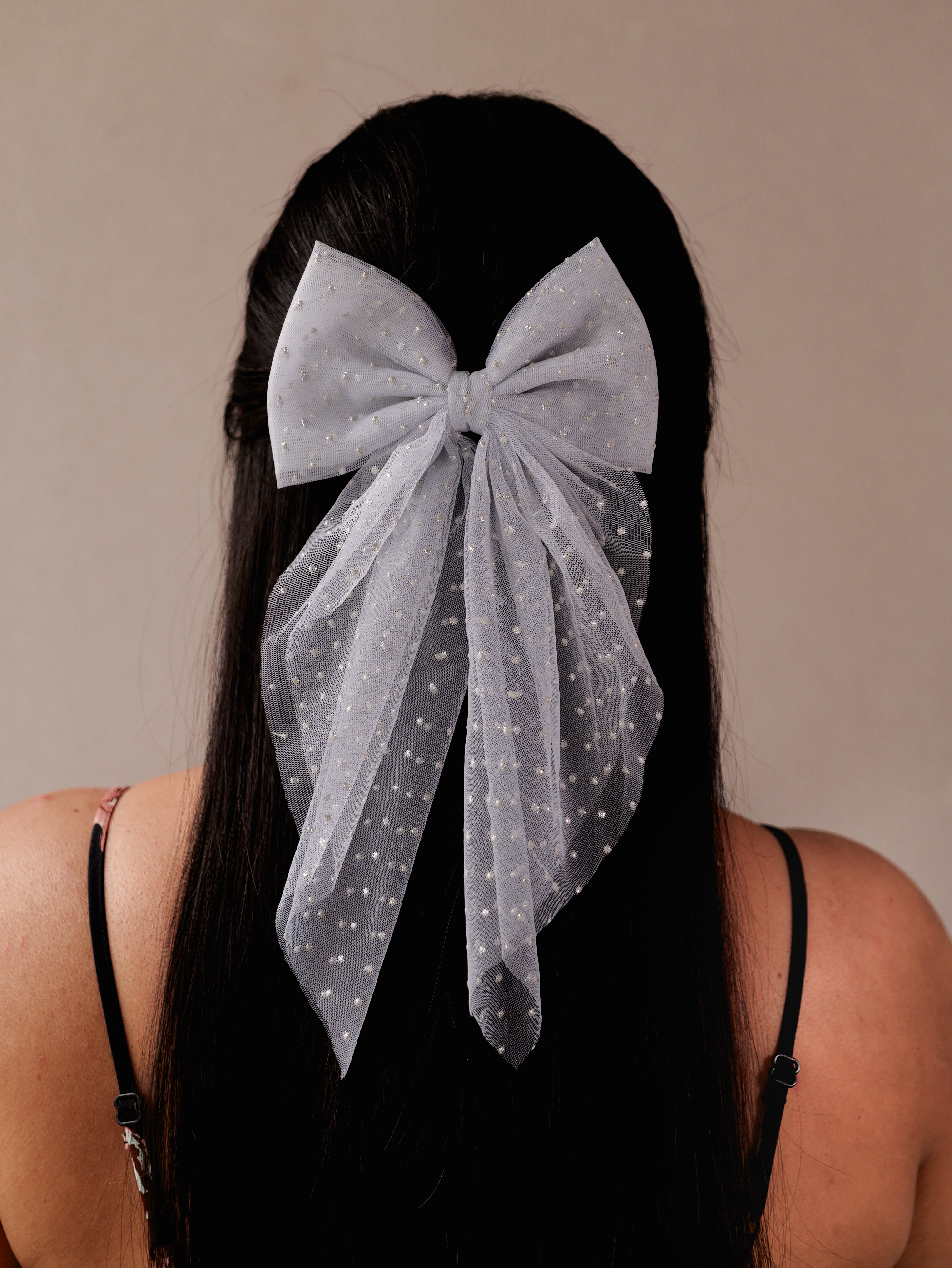 Blush Polka Net Hair Bow | Sheer Mesh Bow Clip with Dotted Detail | Stylish Hair Accessory for Girls & Women