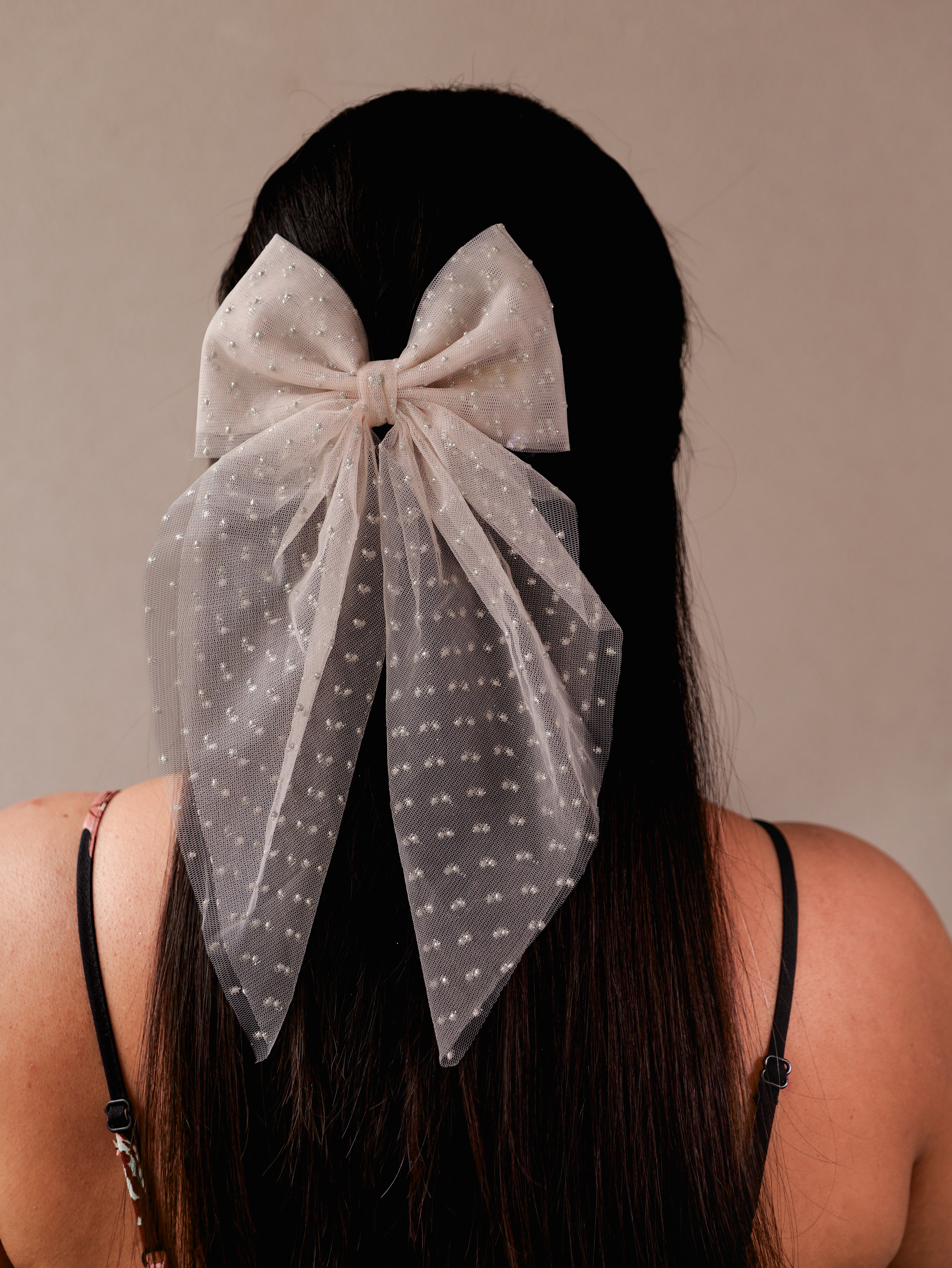 Blush Polka Net Hair Bow | Sheer Mesh Bow Clip with Dotted Detail | Stylish Hair Accessory for Girls & Women