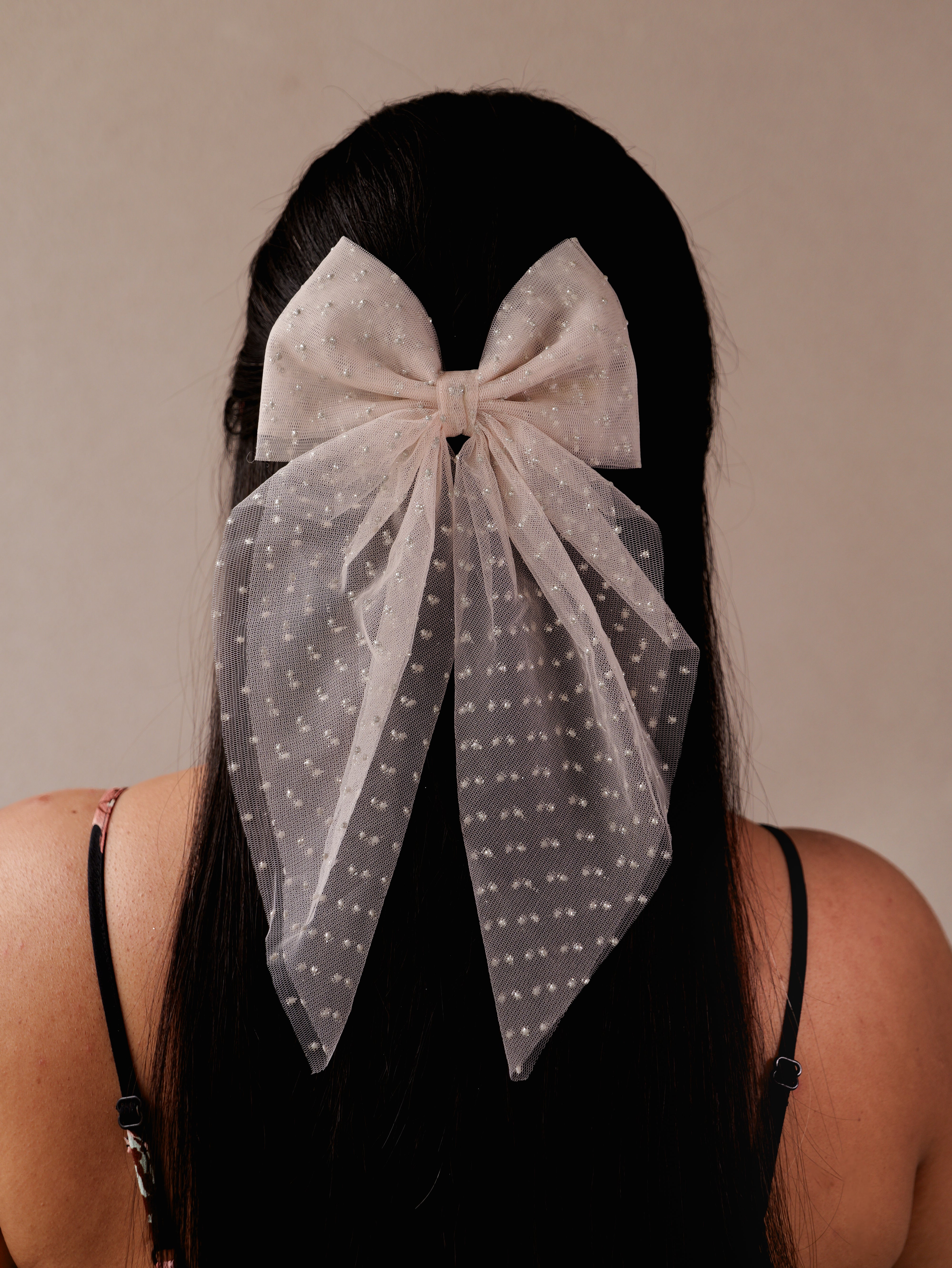 Blush Polka Net Hair Bow | Sheer Mesh Bow Clip with Dotted Detail | Stylish Hair Accessory for Girls & Women
