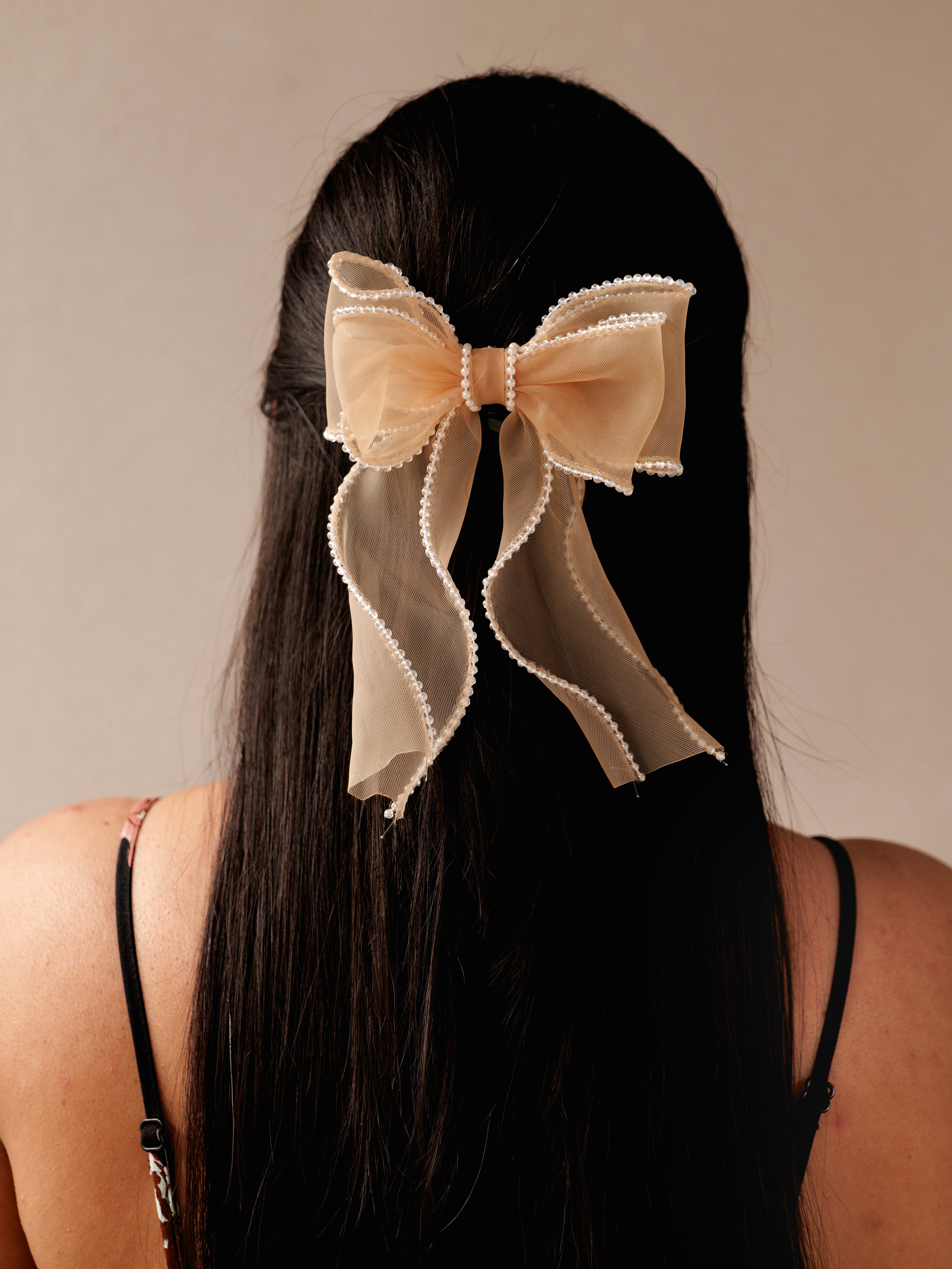 Blush Organza Crystal Hair Bow | Elegant Sheer Bow Clip for Women & Girls | Lightweight Stylish Hair Accessory