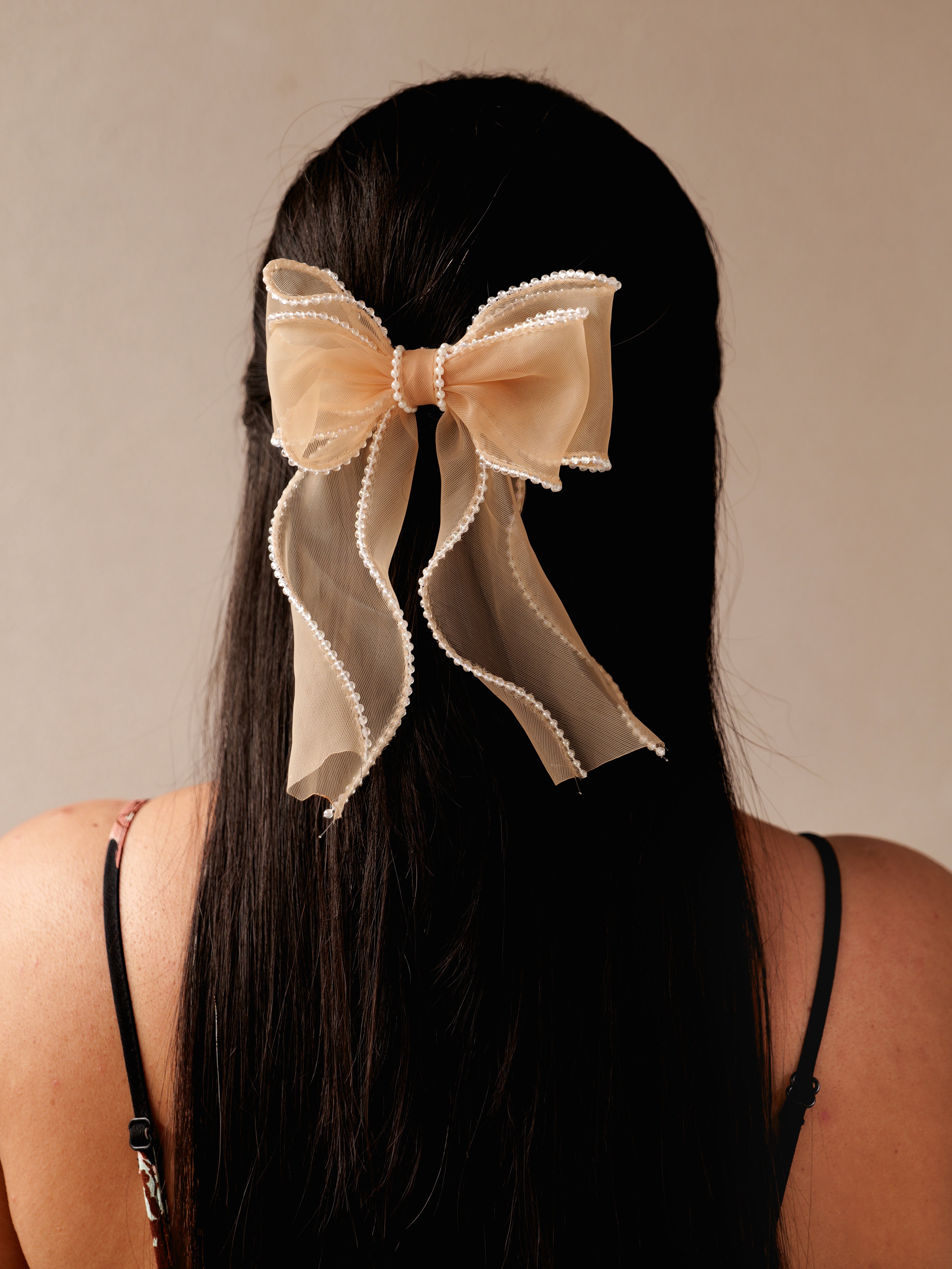 Blush Organza Crystal Hair Bow | Elegant Sheer Bow Clip for Women & Girls | Lightweight Stylish Hair Accessory