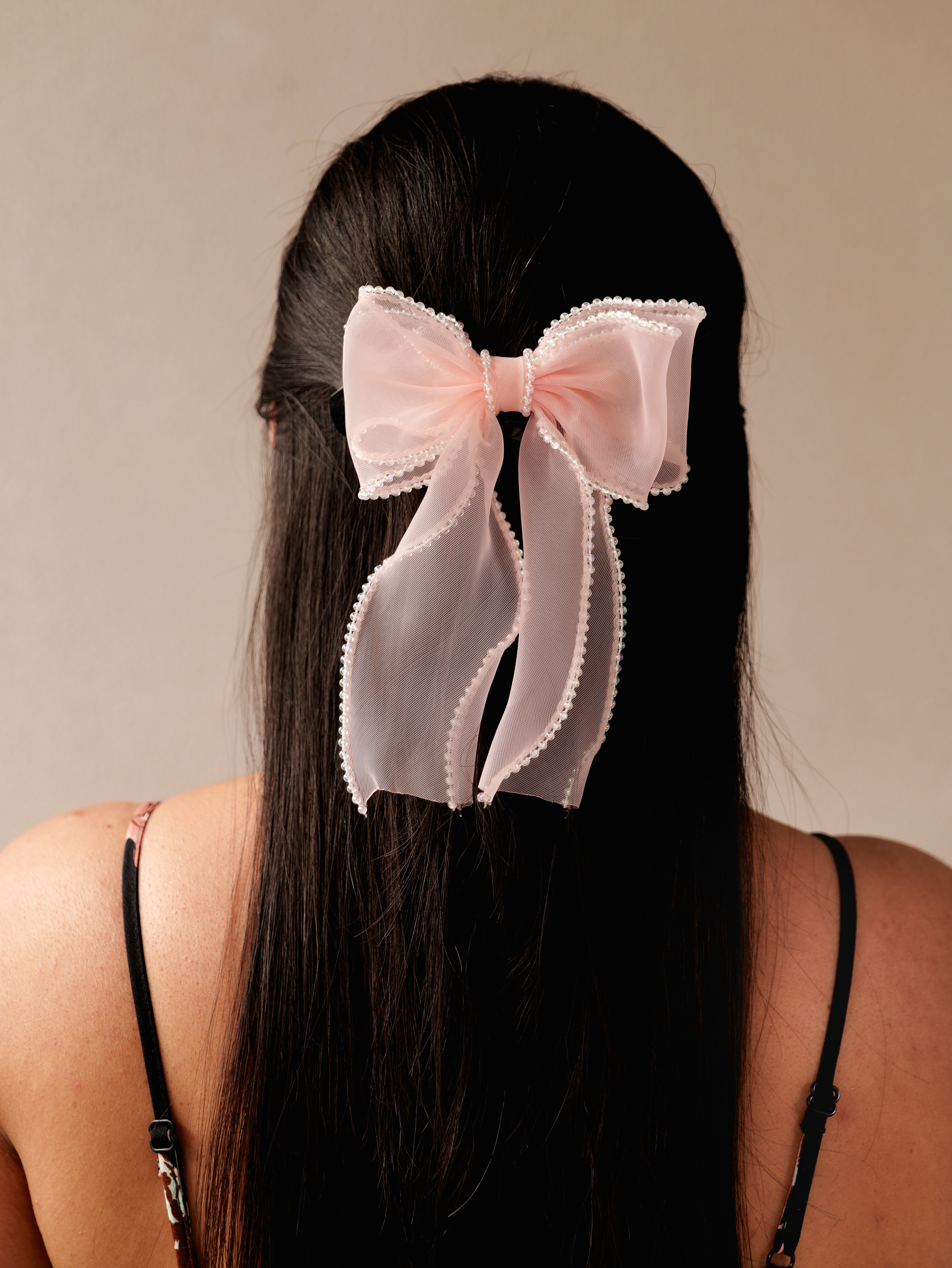 Blush Organza Crystal Hair Bow | Elegant Sheer Bow Clip for Women & Girls | Lightweight Stylish Hair Accessory