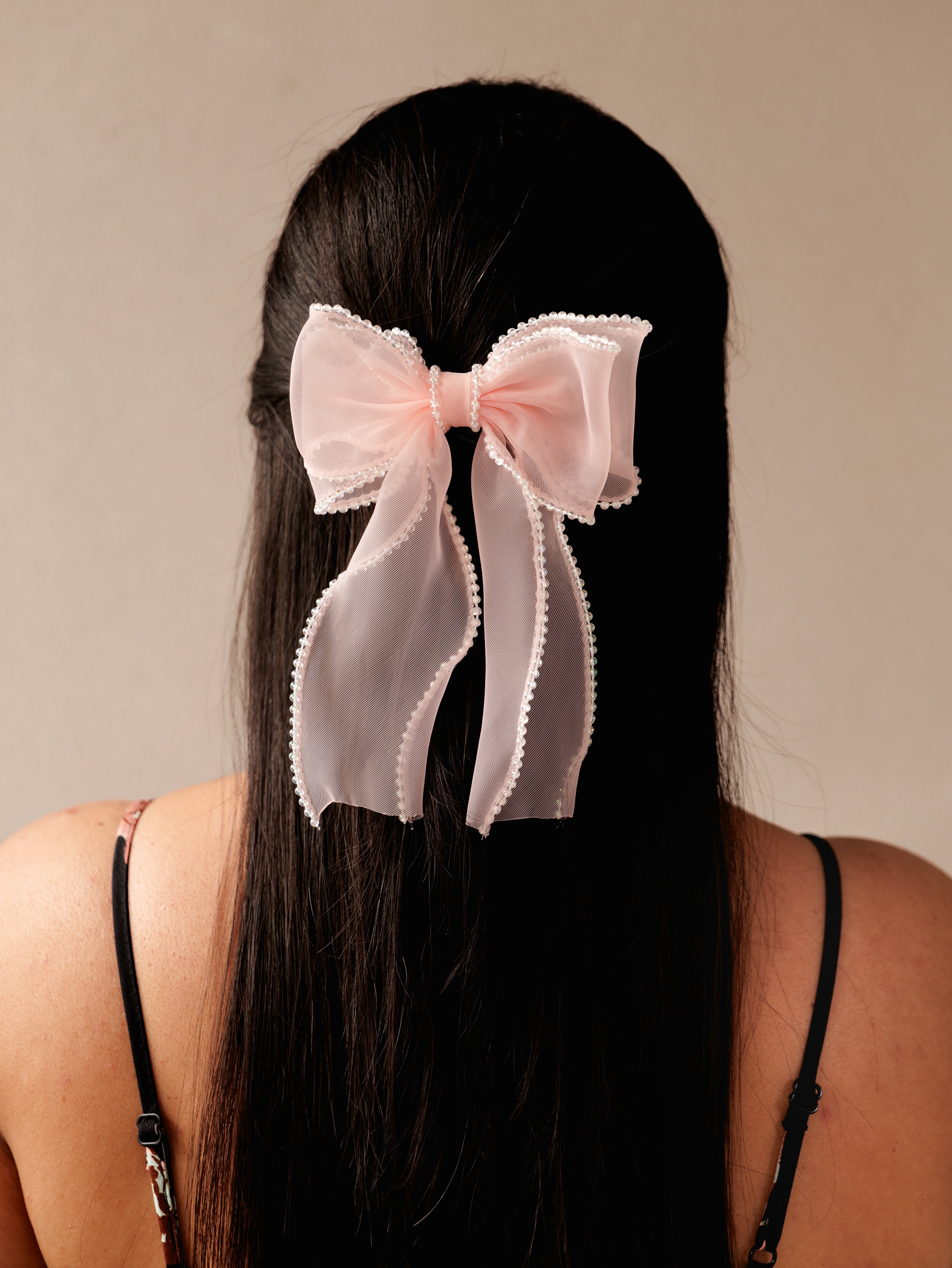 Blush Organza Crystal Hair Bow | Elegant Sheer Bow Clip for Women & Girls | Lightweight Stylish Hair Accessory