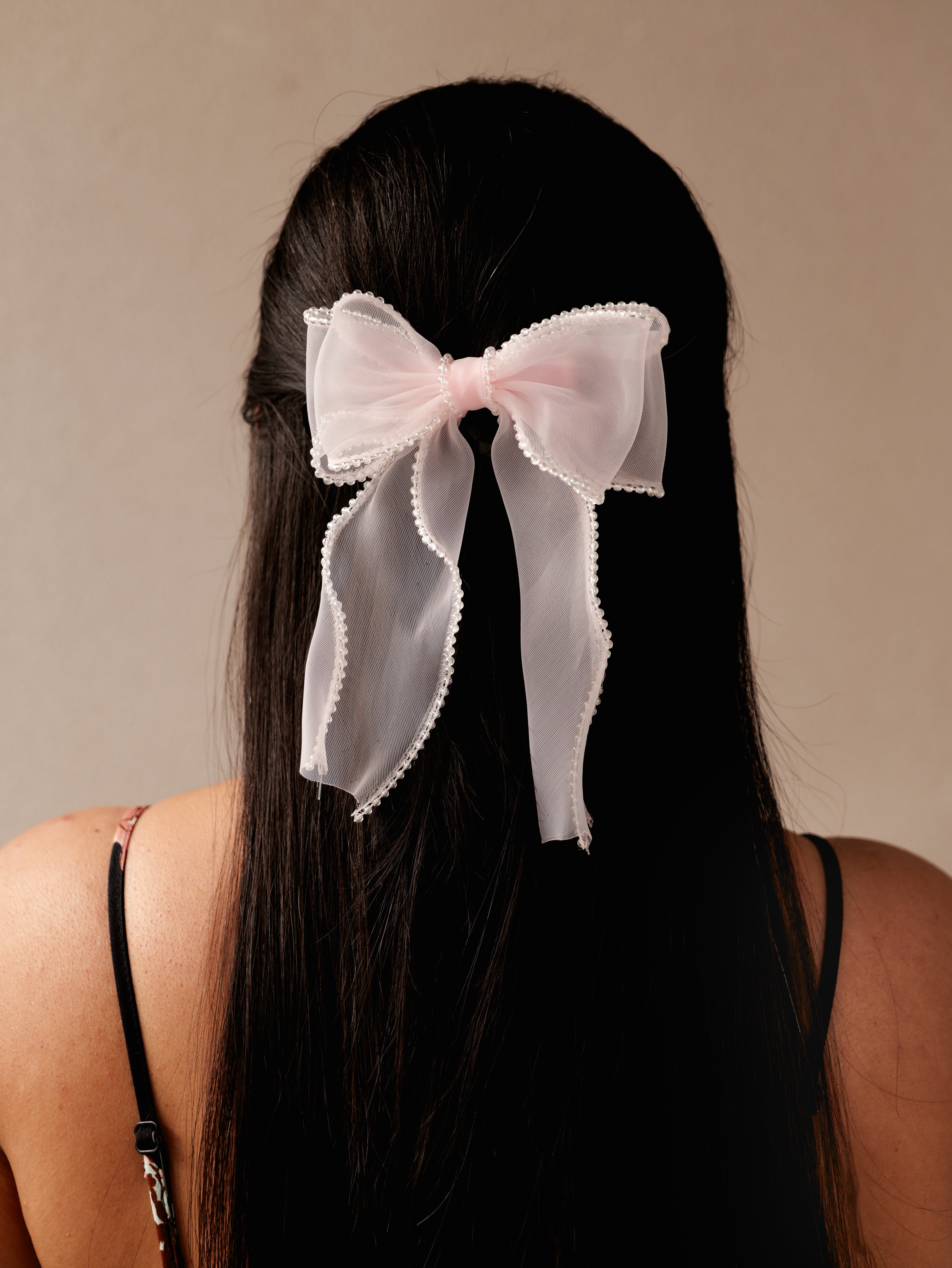 Blush Organza Crystal Hair Bow | Elegant Sheer Bow Clip for Women & Girls | Lightweight Stylish Hair Accessory