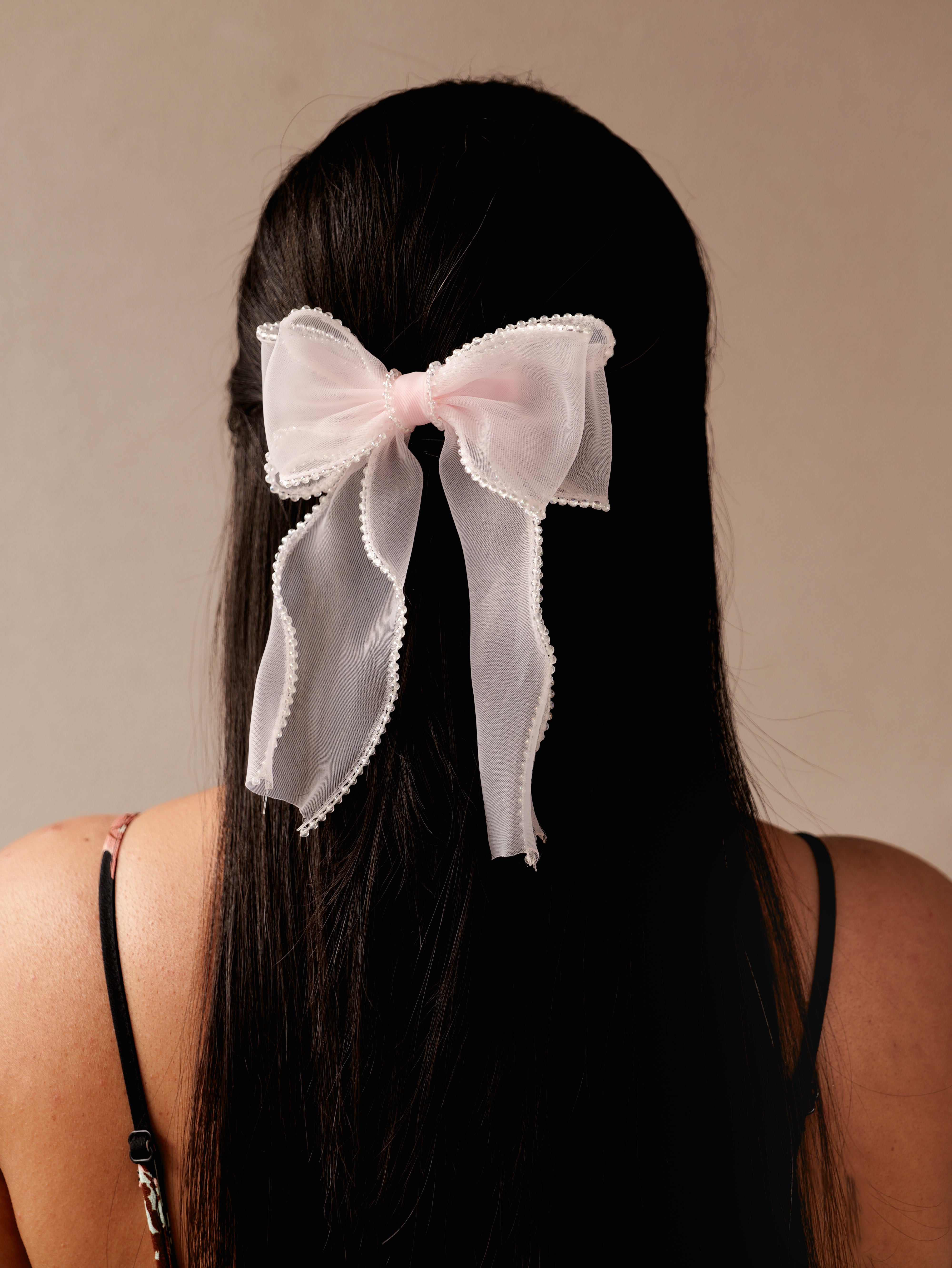 Blush Organza Crystal Hair Bow | Elegant Sheer Bow Clip for Women & Girls | Lightweight Stylish Hair Accessory