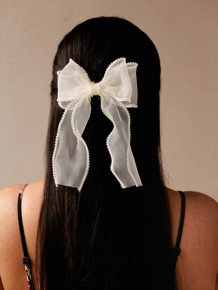 Blush Organza Crystal Hair Bow | Elegant Sheer Bow Clip for Women & Girls | Lightweight Stylish Hair Accessory