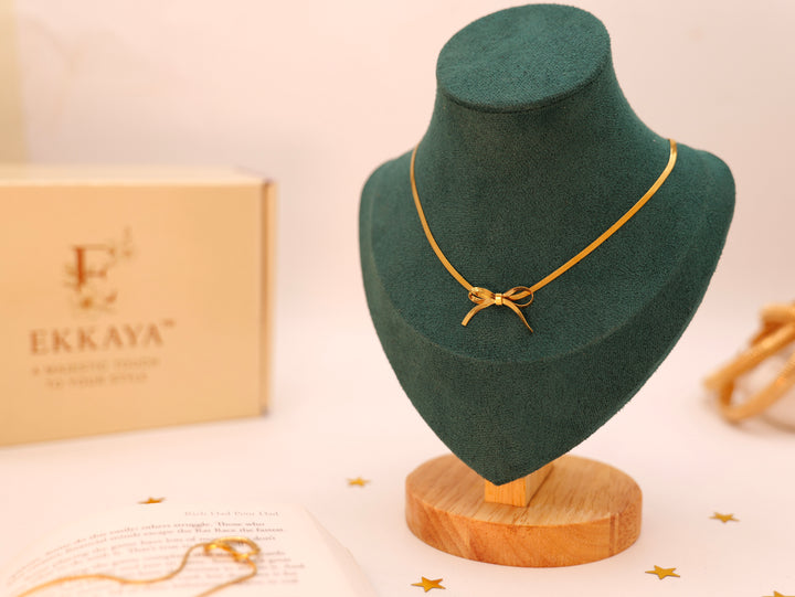 Golden Elegance Bow Neckchain | Dainty Gold-Toned Pendant Necklace for Women & Girls | Minimalist & Chic Everyday Jewelry