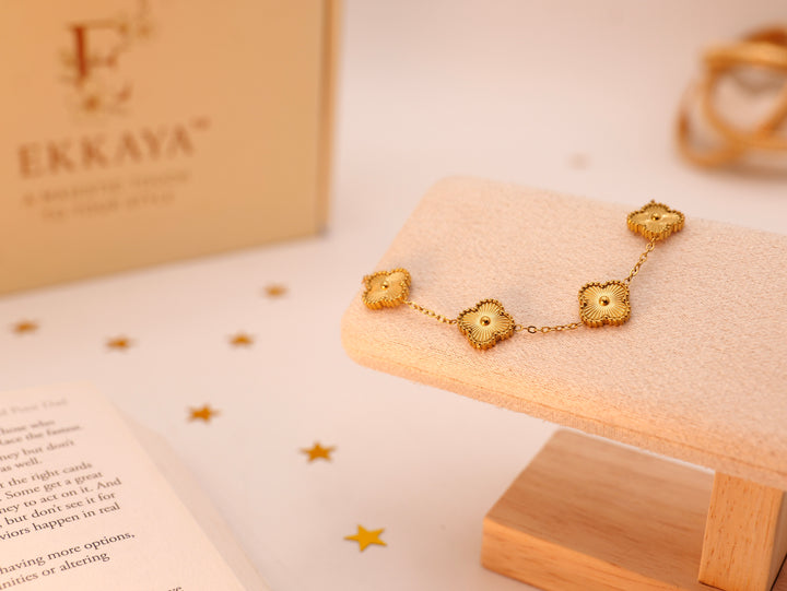 Golden Blossom Clover Charm Bracelet | Gold-Plated Adjustable Bracelet for Women & Girls | Delicate Four-Leaf Clover Jewellery Gift