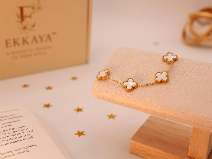 Ivory Clover Charm Bracelet | Elegant Gold-Plated Adjustable Bracelet for Women & Girls | Lucky Four-Leaf Clover Jewellery Gift