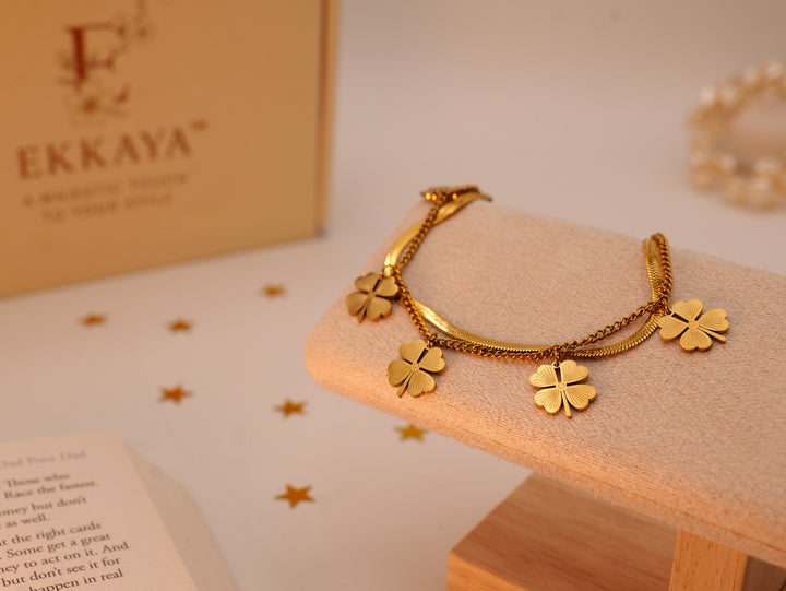 Golden Clover Dangle Bracelet | Elegant Four-Leaf Charm Bracelet for Women & Girls