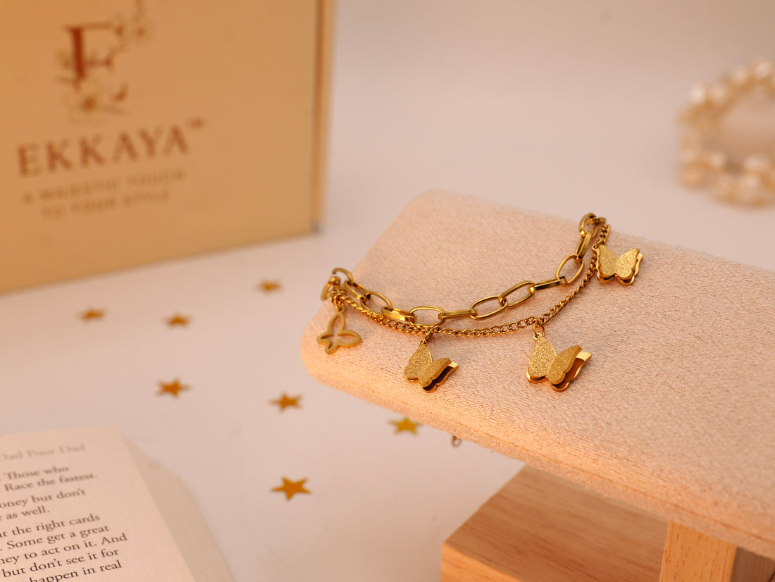 Golden Flutter Charm Bracelet | Dainty Butterfly-Inspired Gold Plated Bracelet for Women & Girls | Adjustable Lightweight Wrist Jewelry