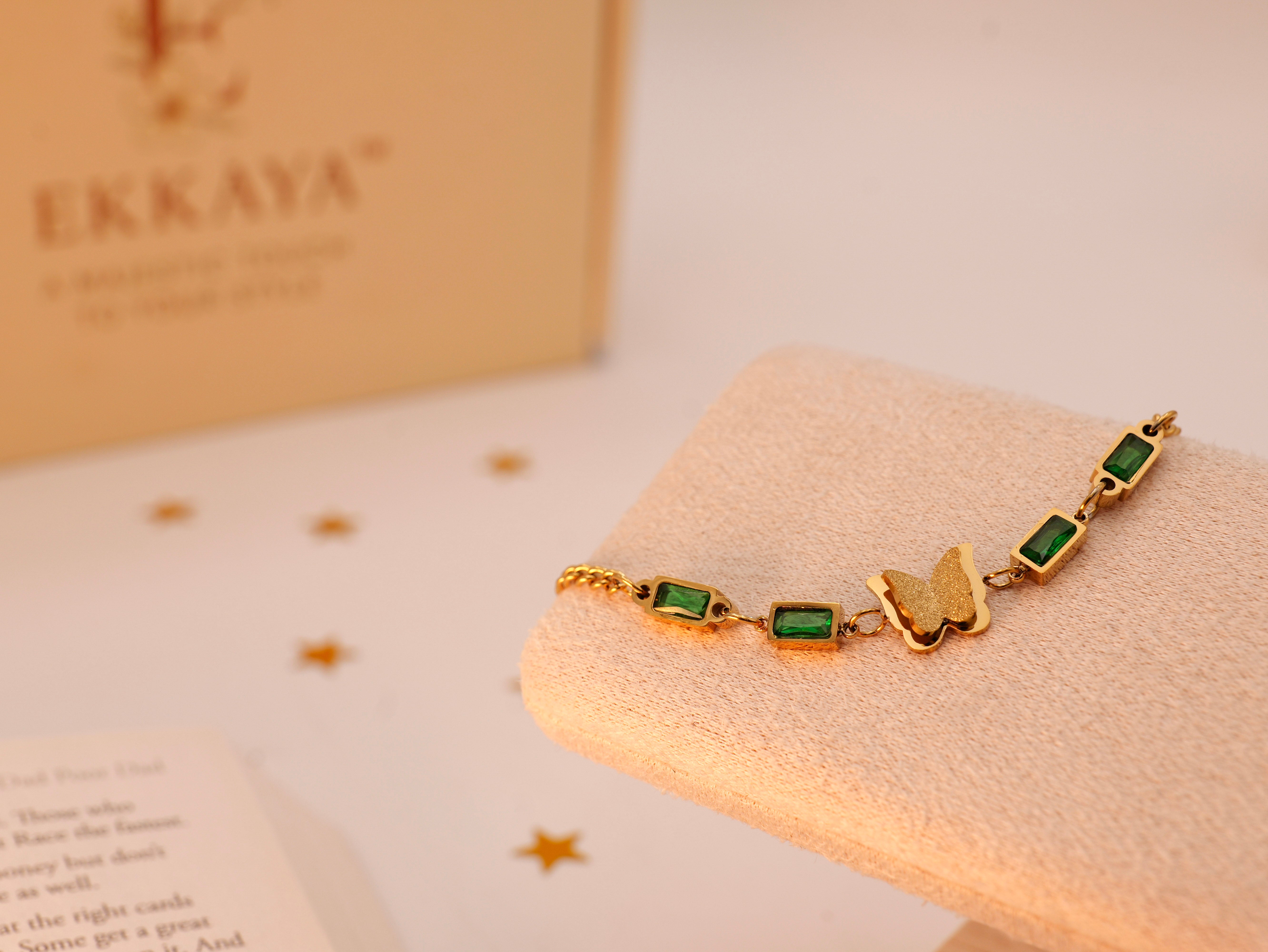 Green Gemstone Butterfly Bracelet | Gold Plated Dainty Chain Bracelet for Girls & Women | Trendy Korean-Inspired Jewelry