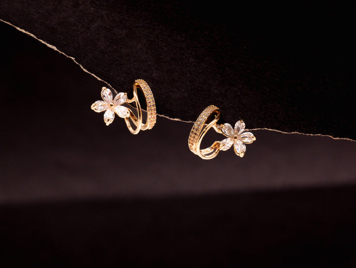Crystal Bloom Hoops | Elegant Gold-Plated Floral Earrings with Sparkling Stones | Lightweight Hoops for Women & Girls