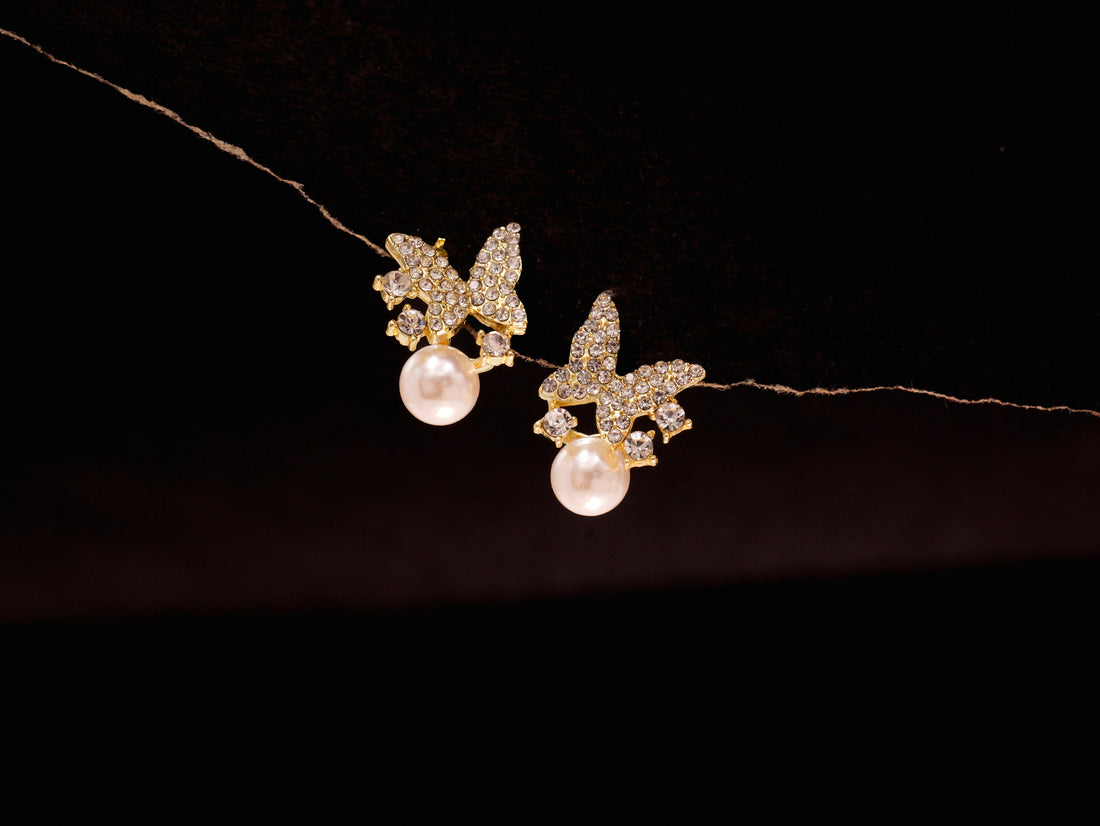 Pearl Butterfly Sparkle Studs | Dainty Gold-Plated Earrings for Women & Girls | Elegant Daily & Occasion Wear Jewellery