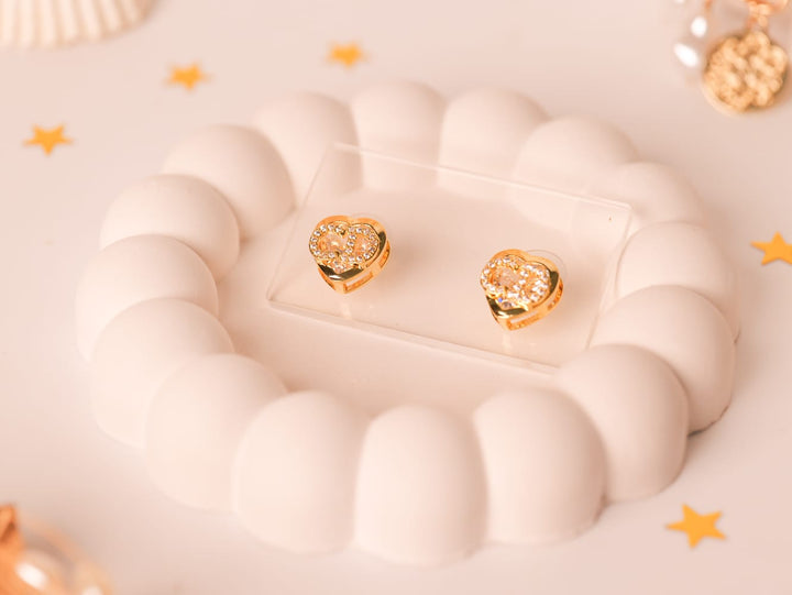 CD-Inspired Heart Stud Earrings | Gold-Tone with Cubic Zirconia & Double Logo | Elegant Luxury-Inspired Design