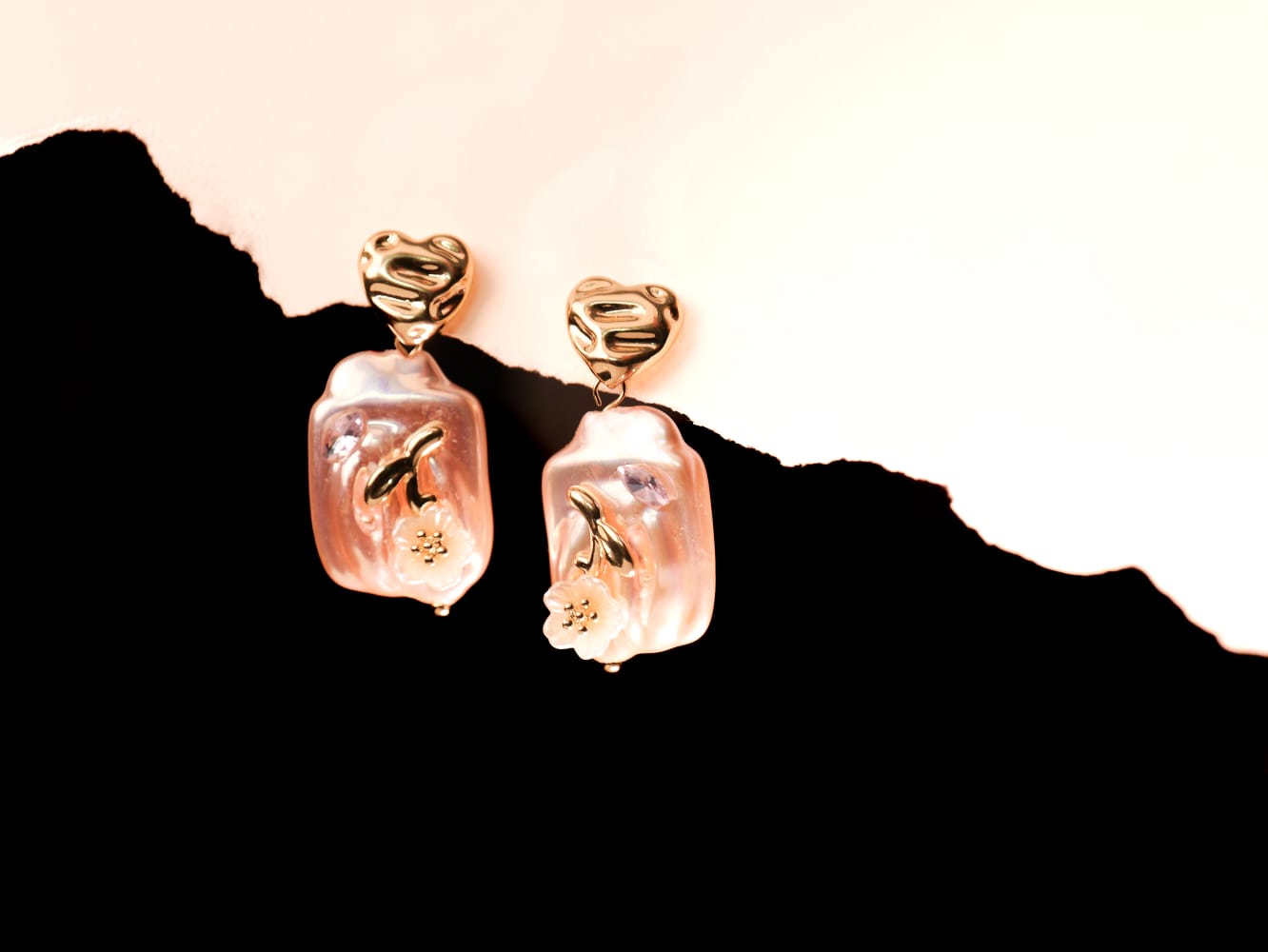 Abstract Heart & Pearl Drop Earrings | Sculptural Gold Studs with Iridescent Rectangular Pearls | Artistic Statement Jewelry