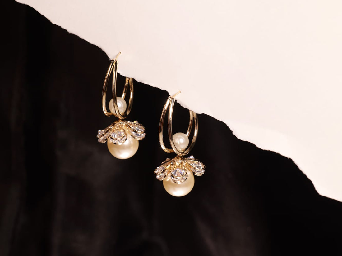 Elegant Gold Hoop Earrings | Ribbed Shell Pendants with Crystal Fan Detail | Timeless Luxury & Grace