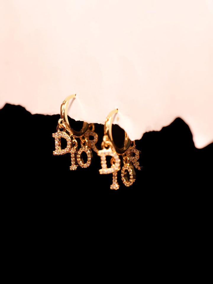Gold-Tone Crystal “DIOR” Earrings | Sparkling Letter Charms on Sleek Hoops | Bold Designer-Inspired Statement Jewelry