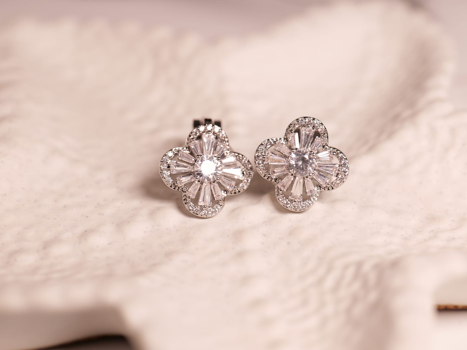 Floral Crystal Clip-On Earrings | Silver Finish | Blooming Design with Clear Baguette & Round Crystals