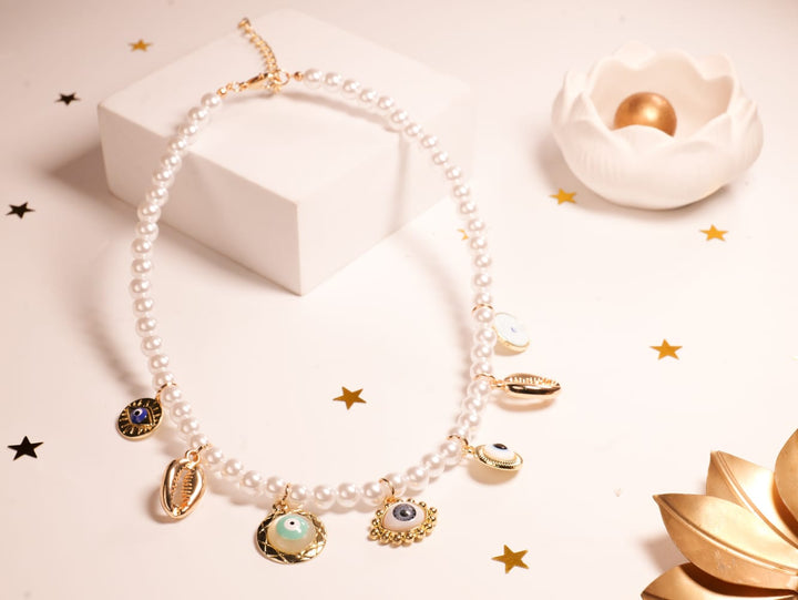 Ocean Amulet Pearl Charm Necklace | Faux Pearls with Gold-Tone Sea & Spiritual Charms | Boho Coastal Statement Piece