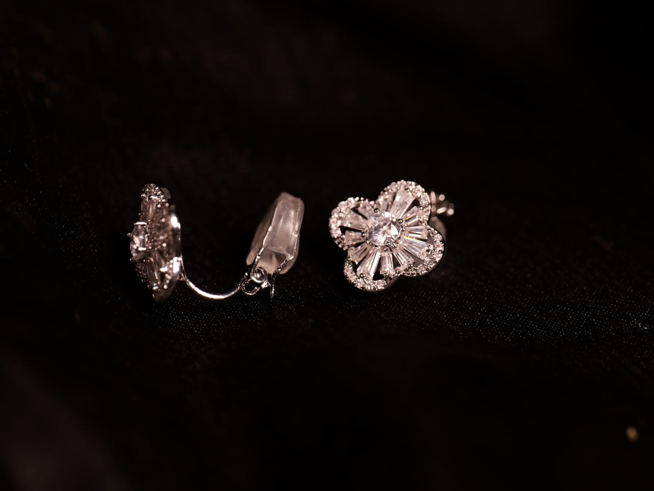 Floral Crystal Clip-On Earrings | Silver Finish | Blooming Design with Clear Baguette & Round Crystals