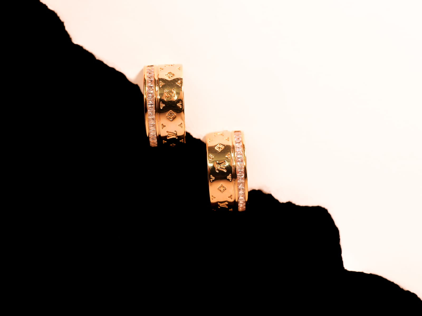 Gold Plated Monogram Hoop Earrings with Crystal Inlay | Wide Band Designer Style | Elegant & Timeless