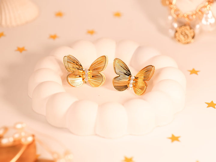 Golden Butterfly Earrings with Crystal Accents | Elegant Etched Wings | Lightweight & Feminine Design