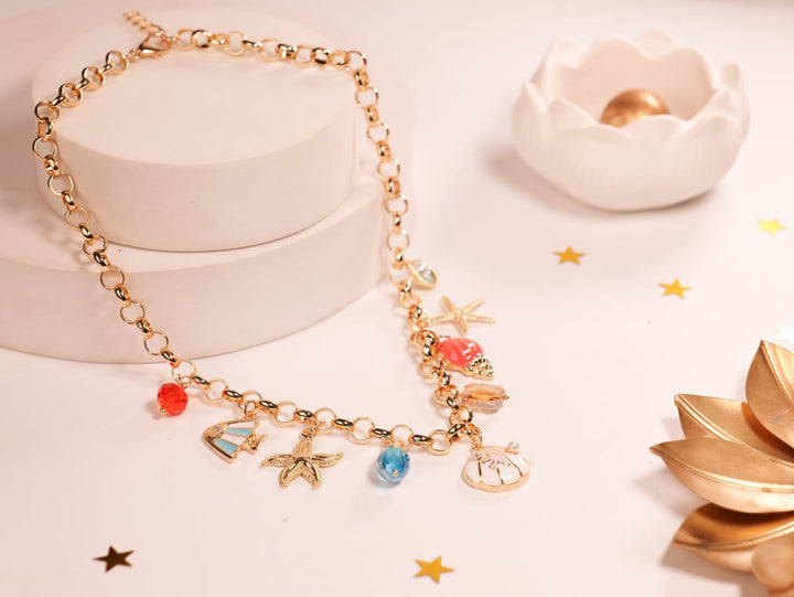 Coastal Charm Beach Necklace | Gold-Tone Chunky Chain with Colorful Sea-Inspired Charms & Crystal Accents