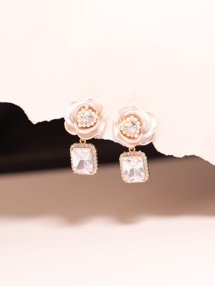 Elegant Rose Drop Earrings with Pearls & Cushion Cut Crystal | Satin Finish Floral Design | Sophisticated Sparkle
