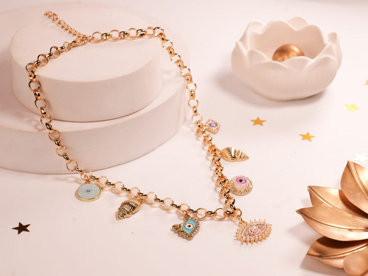 Enchanted Amulet Charm Necklace | Gold-Tone Necklace with Evil Eye, Hamsa & Sunburst Charms | Colorful Enamel & Crystal Details
